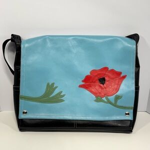 Queen Bee Creations- Chick Pea Blue and Black Shoulder Bag with Red Flower